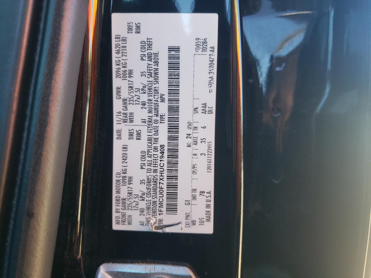 2017 Ford Escape S VIN: 1FMCU0F7XHUC19408 Lot: 86706255