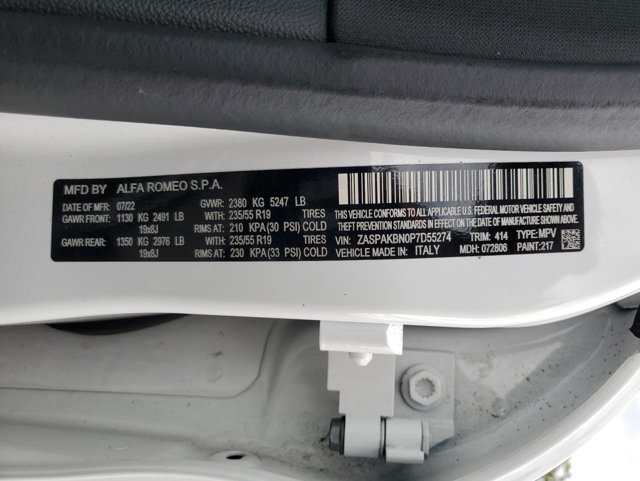 2023 Alfa Romeo Stelvio Ti VIN: ZASPAKBN0P7D55274 Lot: 85944905