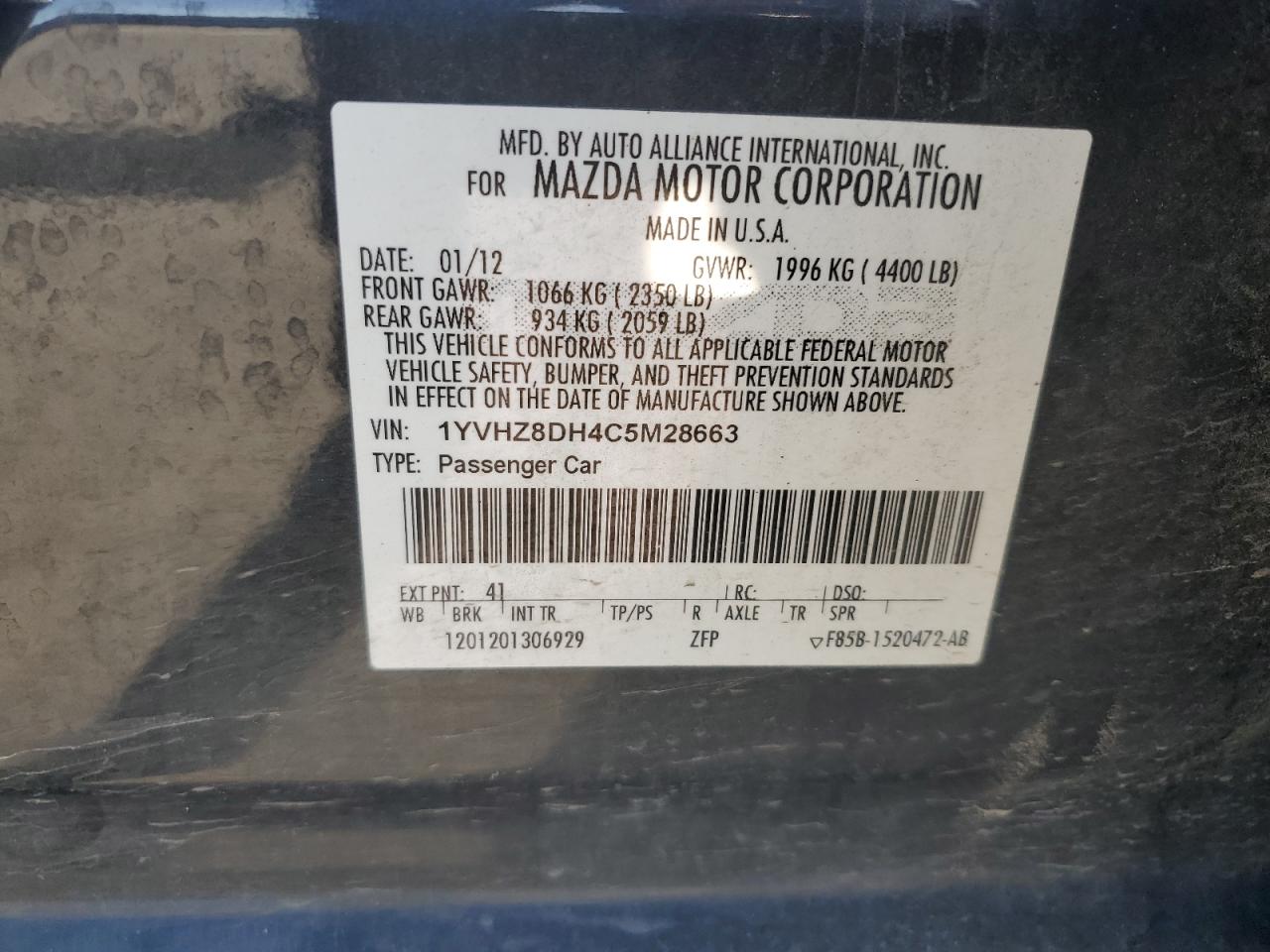 2012 Mazda 6 I VIN: 1YVHZ8DH4C5M28663 Lot: 89910955