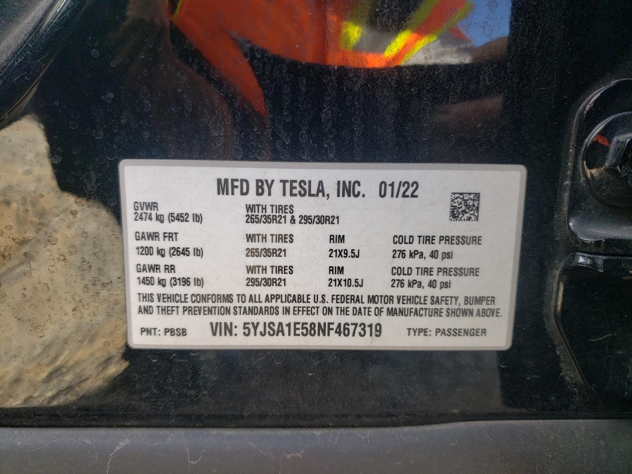 2022 Tesla Model S VIN: 5YJSA1E58NF467319 Lot: 84984015