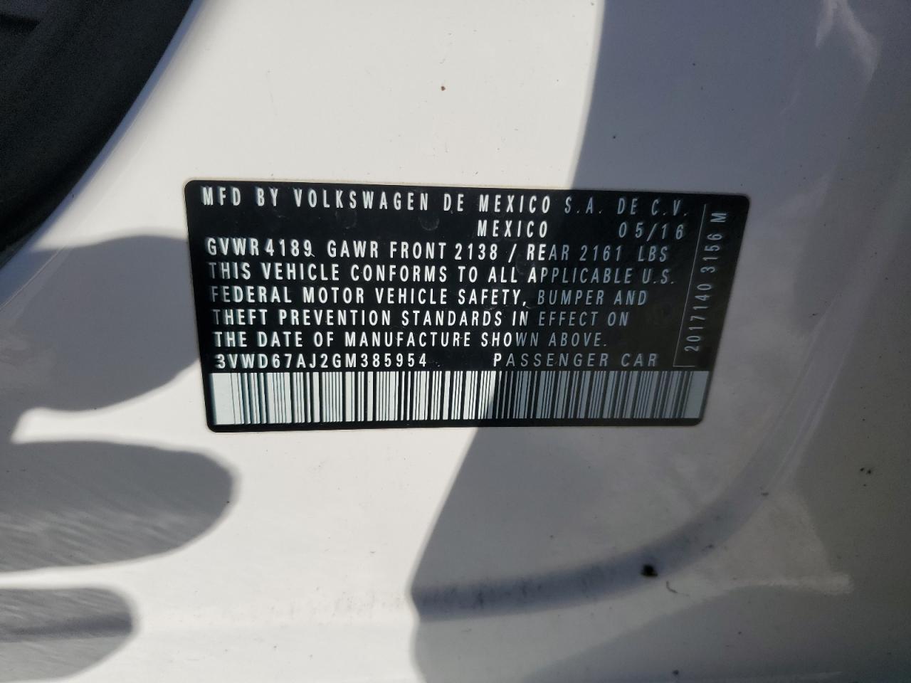 2016 Volkswagen Jetta Se VIN: 3VWD67AJ2GM385954 Lot: 84784955