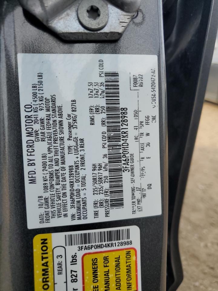 2019 Ford Fusion Se VIN: 3FA6P0HD4KR128988 Lot: 82562615