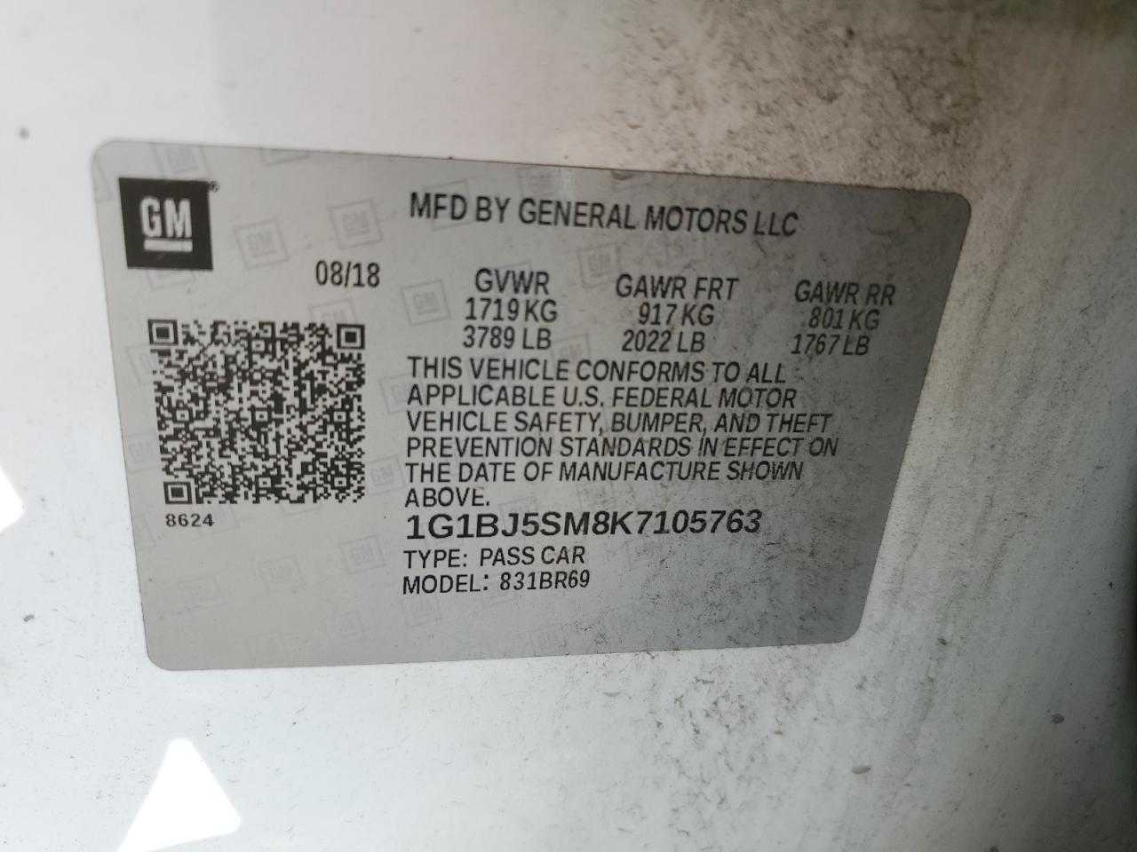 2019 Chevrolet Cruze VIN: 1G1BJ5SM8K7105763 Lot: 87006105