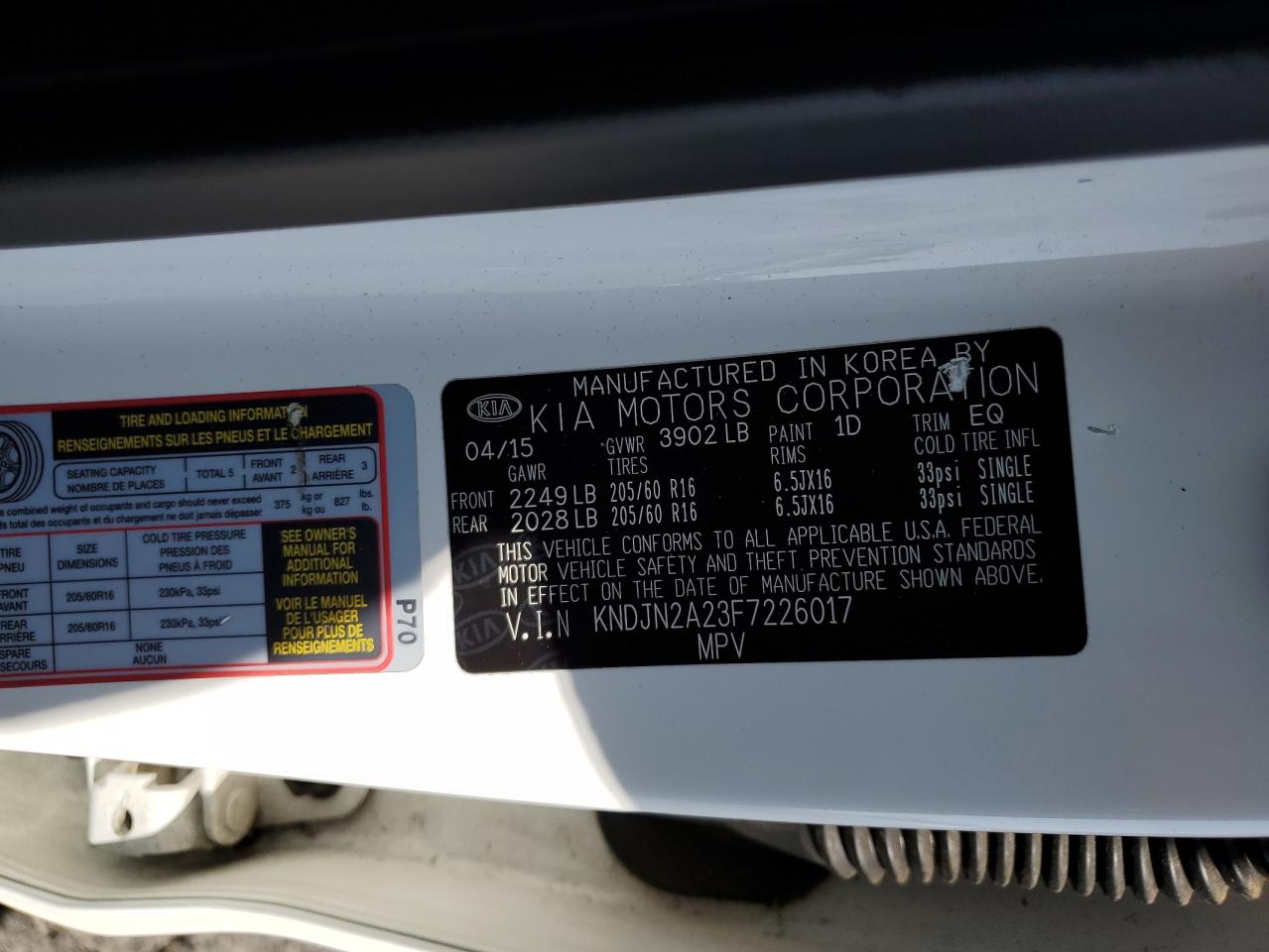 2015 Kia Soul VIN: KNDJN2A23F7226017 Lot: 82337495