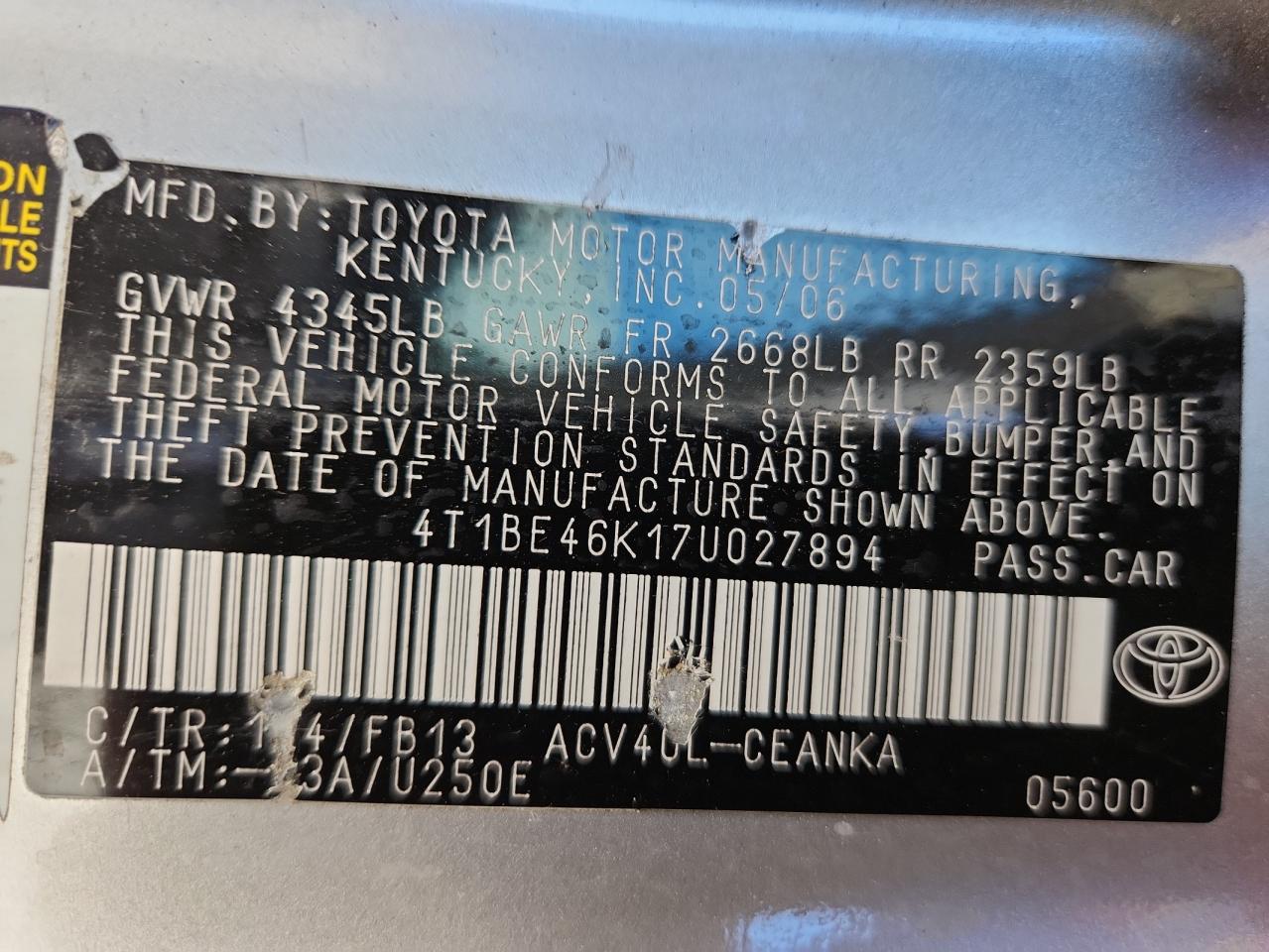 2007 Toyota Camry Ce VIN: 4T1BE46K17U027894 Lot: 82458545