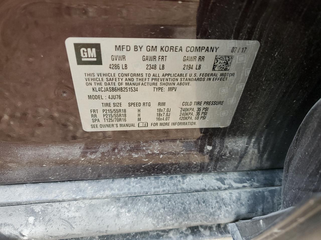 2017 Buick Encore Preferred VIN: KL4CJASB6HB251534 Lot: 89870065