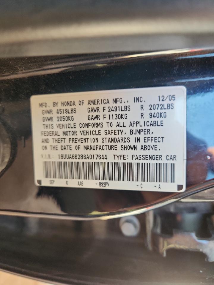 2006 Acura 3.2Tl VIN: 19UUA66286A017644 Lot: 85585145