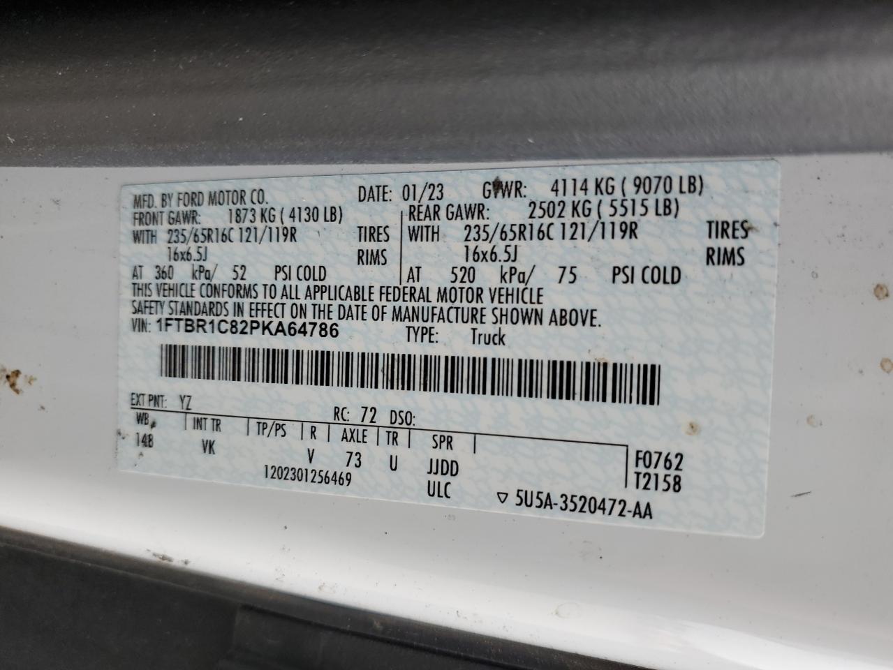 2023 Ford Transit T-250 VIN: 1FTBR1C82PKA64786 Lot: 82665125