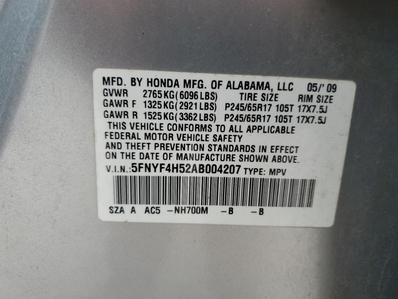 2010 Honda Pilot Exl VIN: 5FNYF4H52AB004207 Lot: 87022115