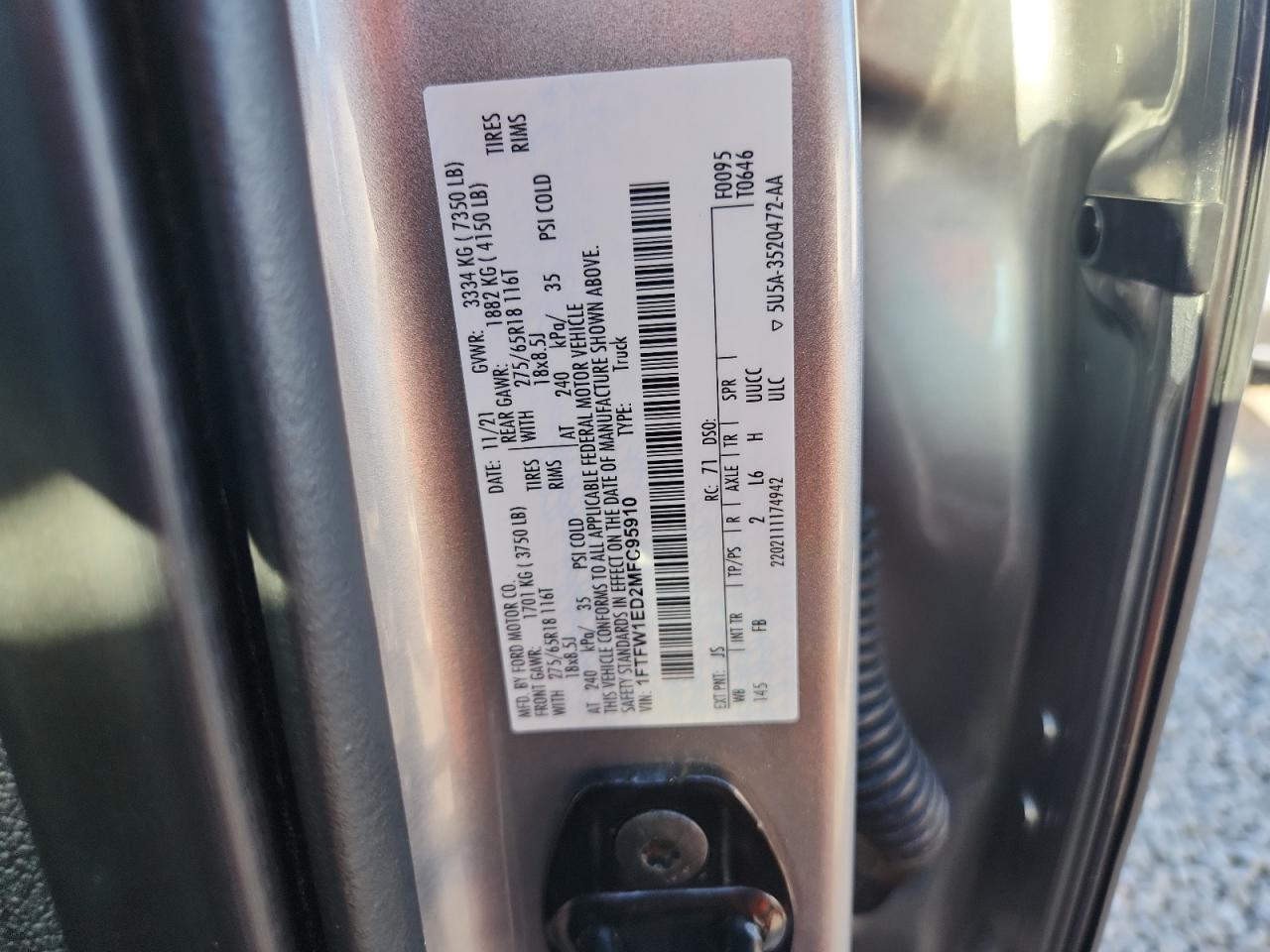 2021 Ford F150 Supercrew VIN: 1FTFW1ED2MFC95910 Lot: 85115815