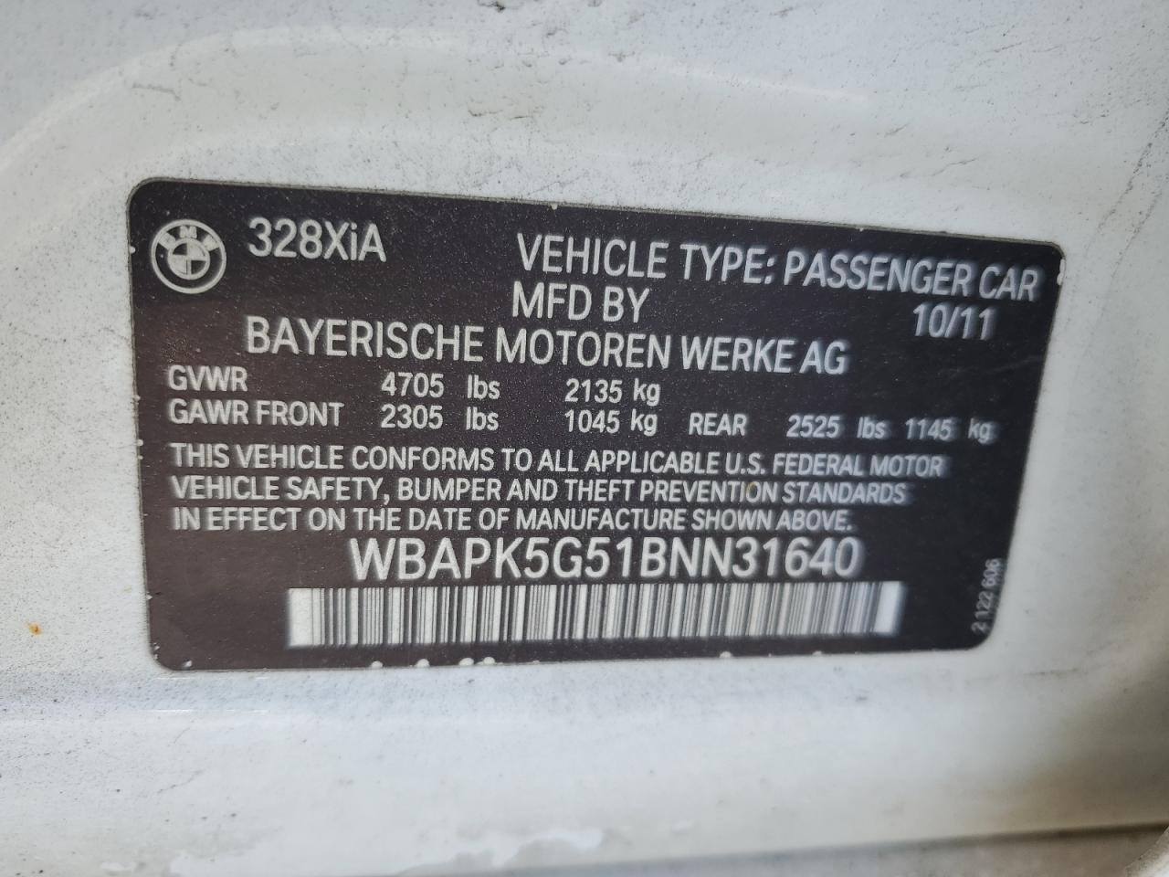 2011 BMW 328 Xi Sulev VIN: WBAPK5G51BNN31640 Lot: 85538265
