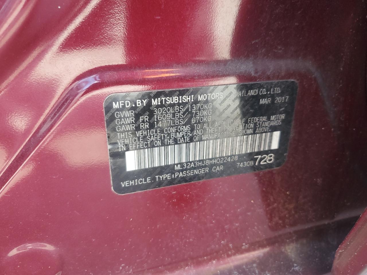 2017 Mitsubishi Mirage Es VIN: ML32A3HJ8HH022428 Lot: 82189805