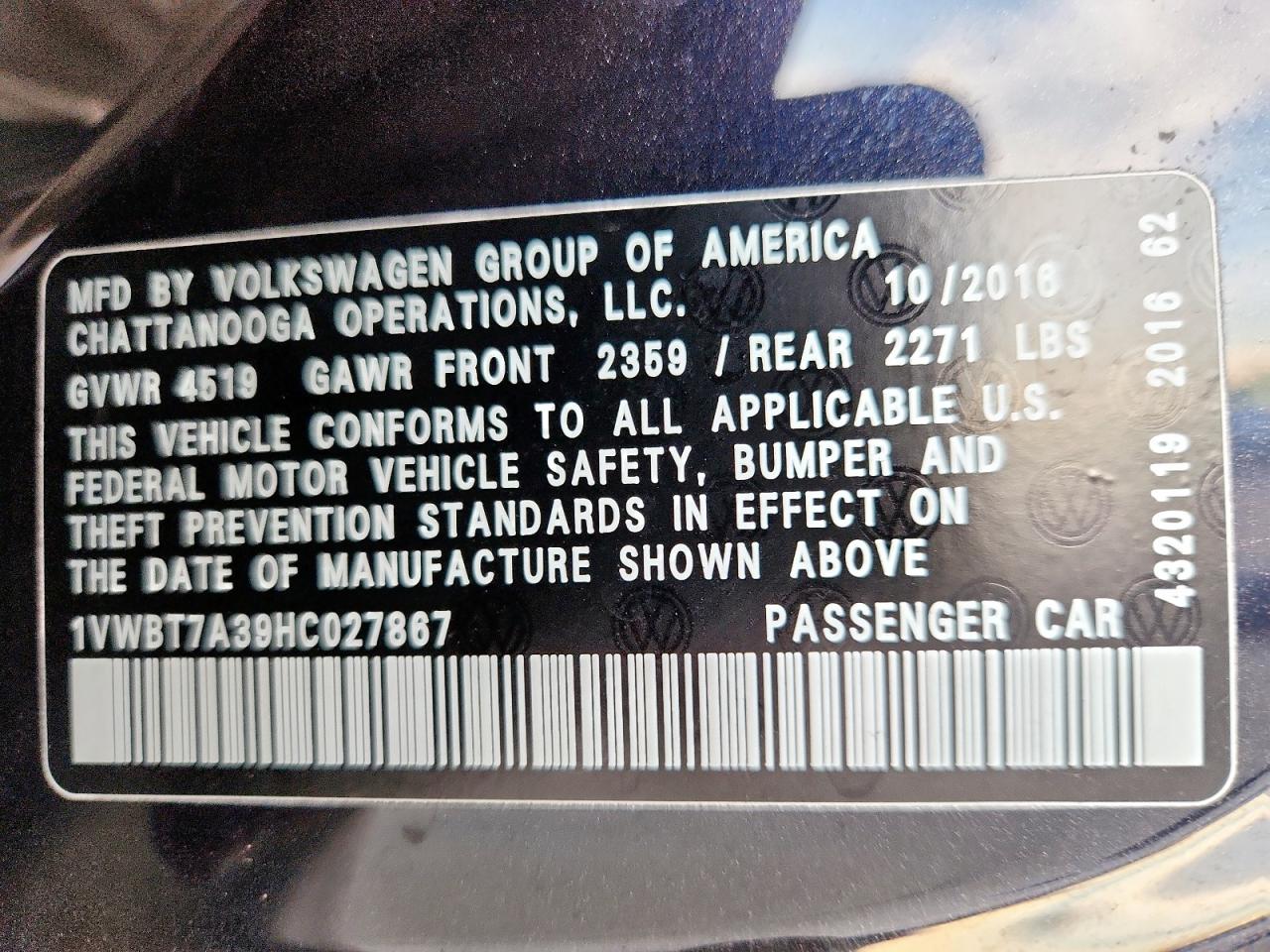 2017 Volkswagen Passat Se VIN: 1VWBT7A39HC027867 Lot: 82285205