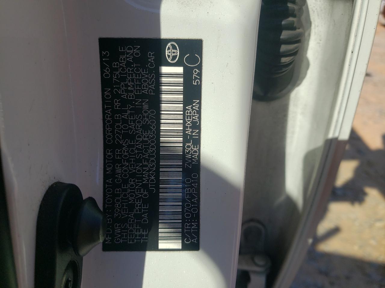 2013 Toyota Prius VIN: JTDKN3DU3D0356070 Lot: 86272585