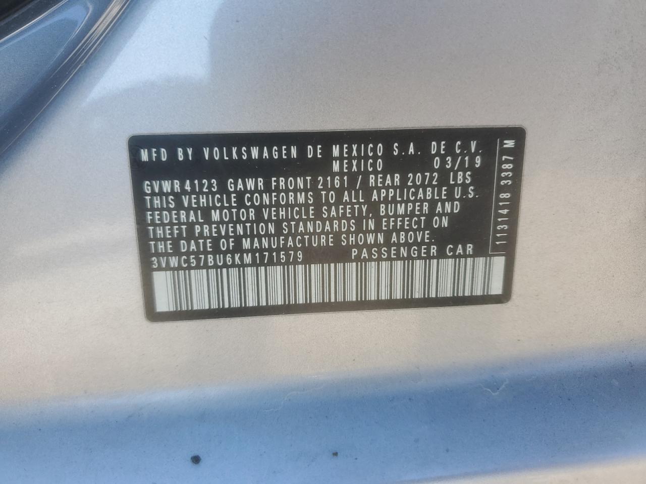 2019 Volkswagen Jetta S VIN: 3VWC57BU6KM171579 Lot: 85863615