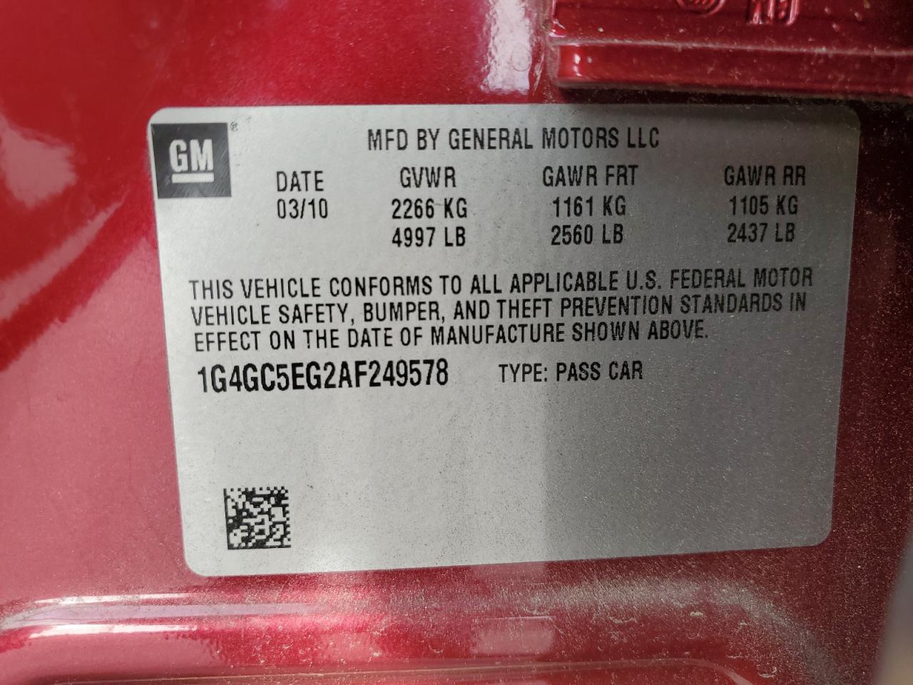 2010 Buick Lacrosse Cxl VIN: 1G4GC5EG2AF249578 Lot: 82764335