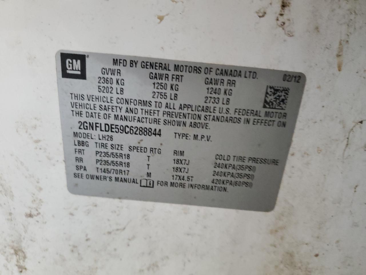 2012 Chevrolet Equinox Lt VIN: 2GNFLDE59C6288844 Lot: 86216945