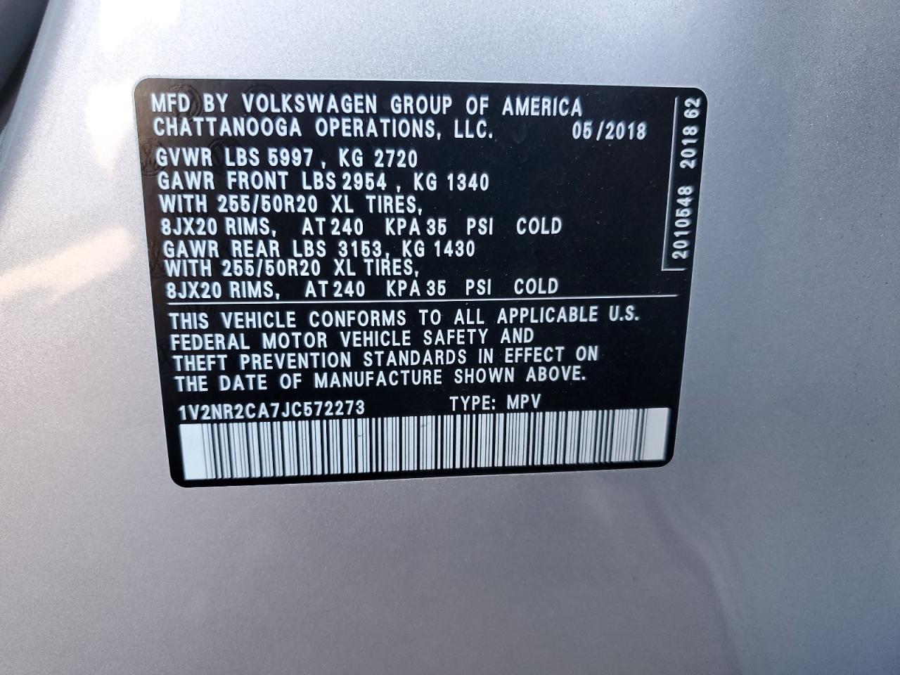2018 Volkswagen Atlas Sel Premium VIN: 1V2NR2CA7JC572273 Lot: 84205635