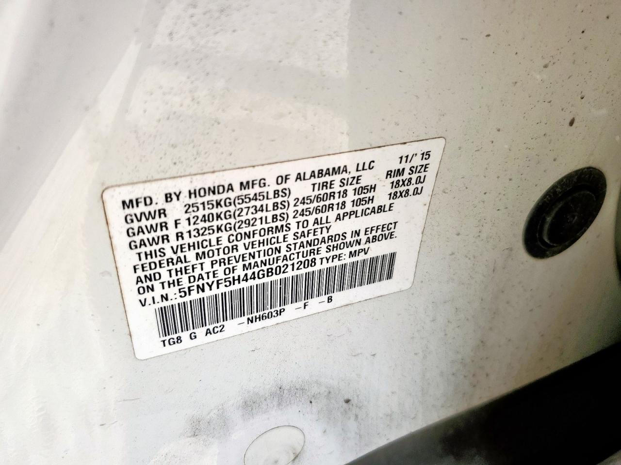 2016 Honda Pilot Ex VIN: 5FNYF5H44GB021208 Lot: 85497425