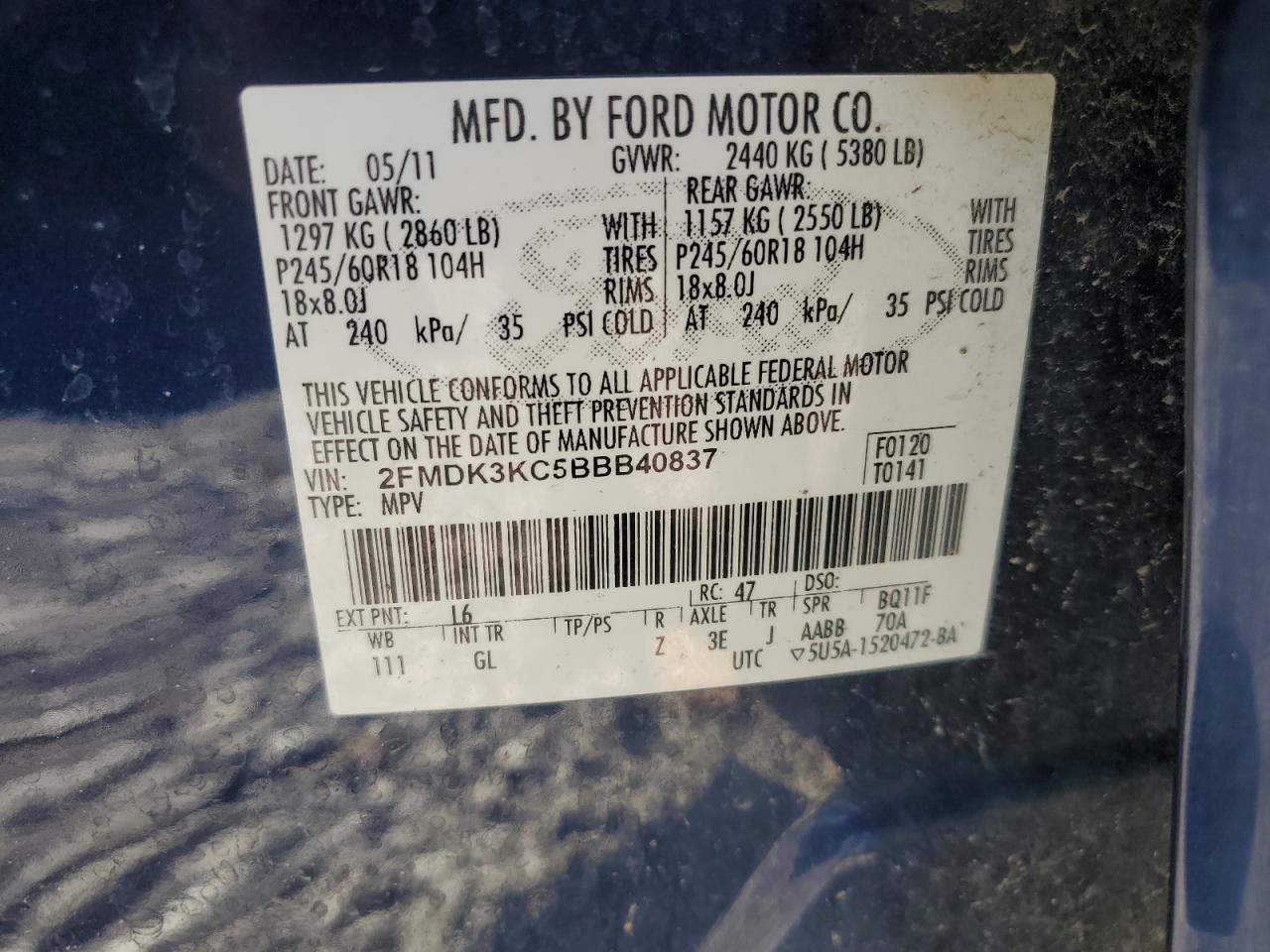 2011 Ford Edge Limited VIN: 2FMDK3KC5BBB40837 Lot: 85830495