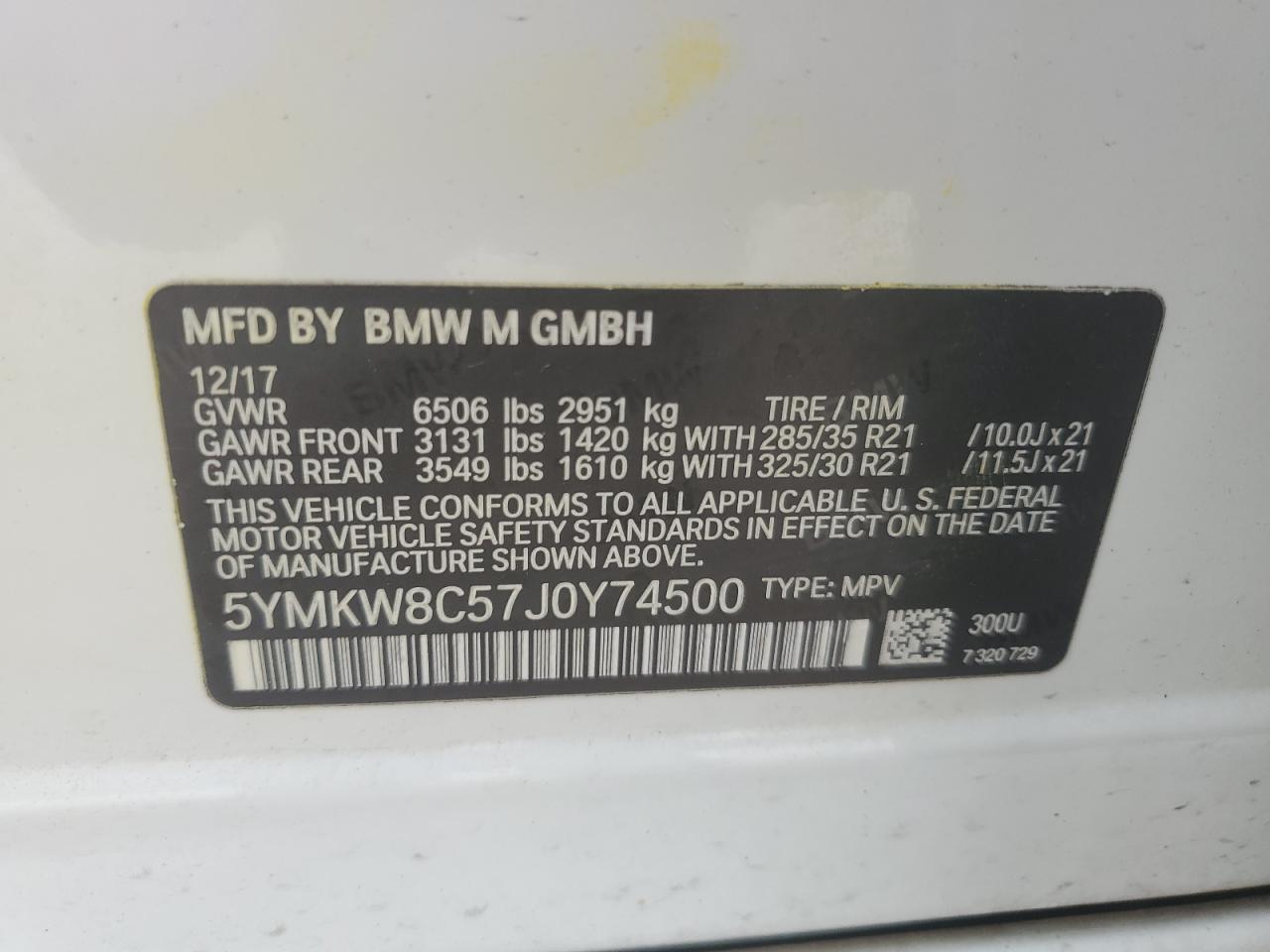 2018 BMW X6 M VIN: 5YMKW8C57J0Y74500 Lot: 87216275