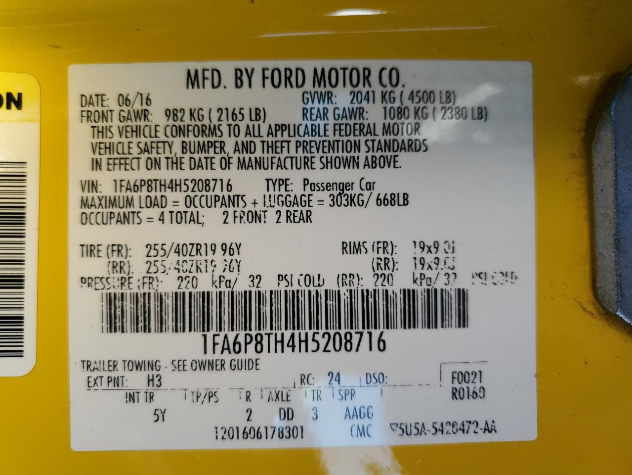 2017 Ford Mustang VIN: 1FA6P8TH4H5208716 Lot: 81965365