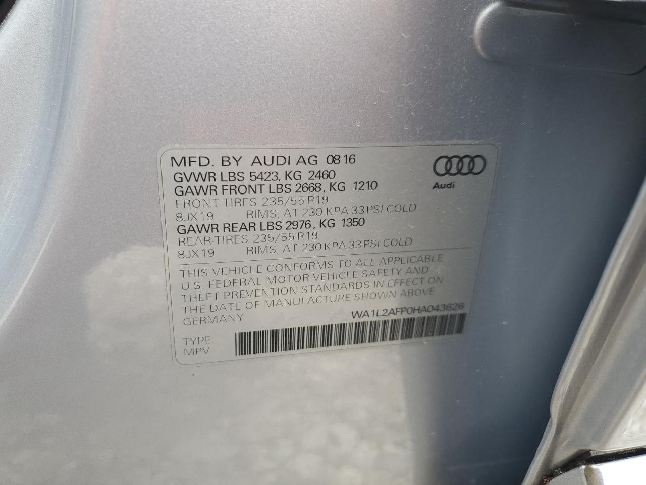 2017 Audi Q5 Premium Plus VIN: WA1L2AFP0HA043626 Lot: 84889915
