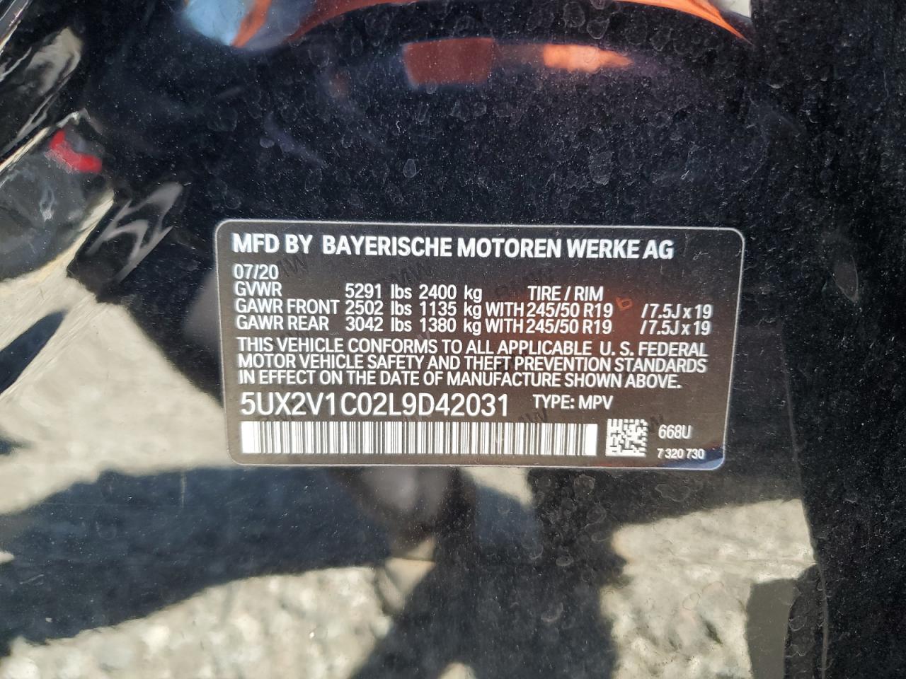 2020 BMW X4 xDrive30I VIN: 5UX2V1C02L9D42031 Lot: 85201085