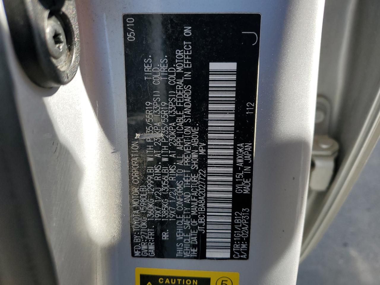 2010 Lexus Rx 450H VIN: JTJBC1BA8A2027722 Lot: 90876435