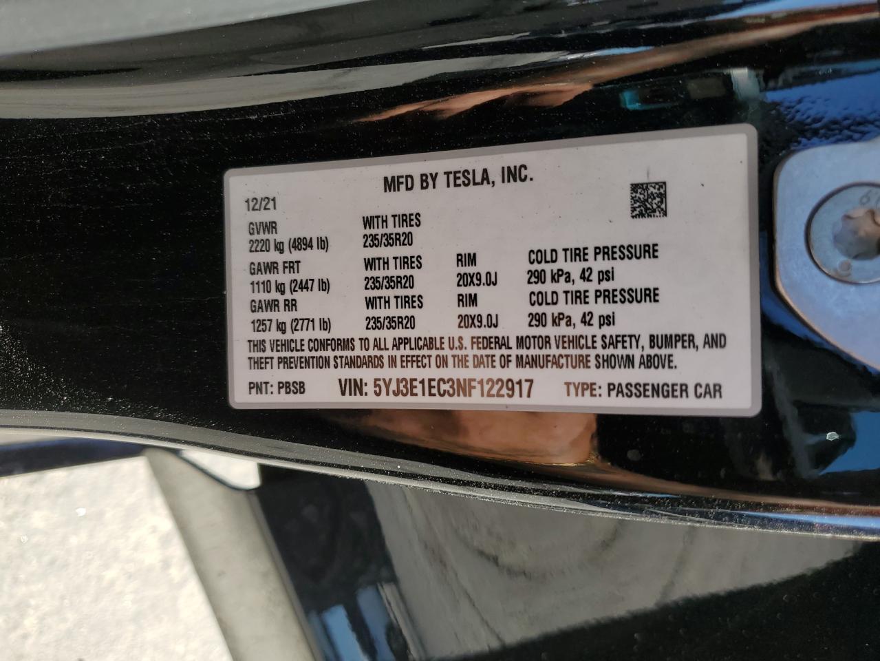 2022 Tesla Model 3 VIN: 5YJ3E1EC3NF122917 Lot: 85421045