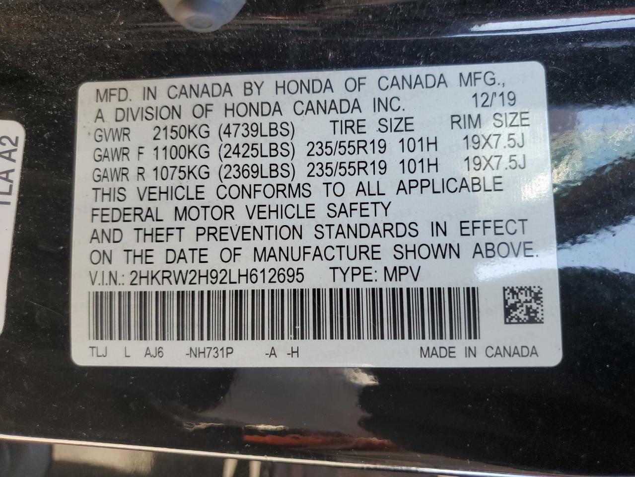 2020 Honda Cr-V Touring VIN: 2HKRW2H92LH612695 Lot: 84559165