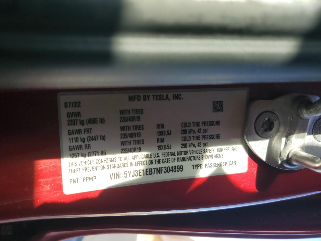 2022 Tesla Model 3 VIN: 5YJ3E1EB7NF304899 Lot: 89519525