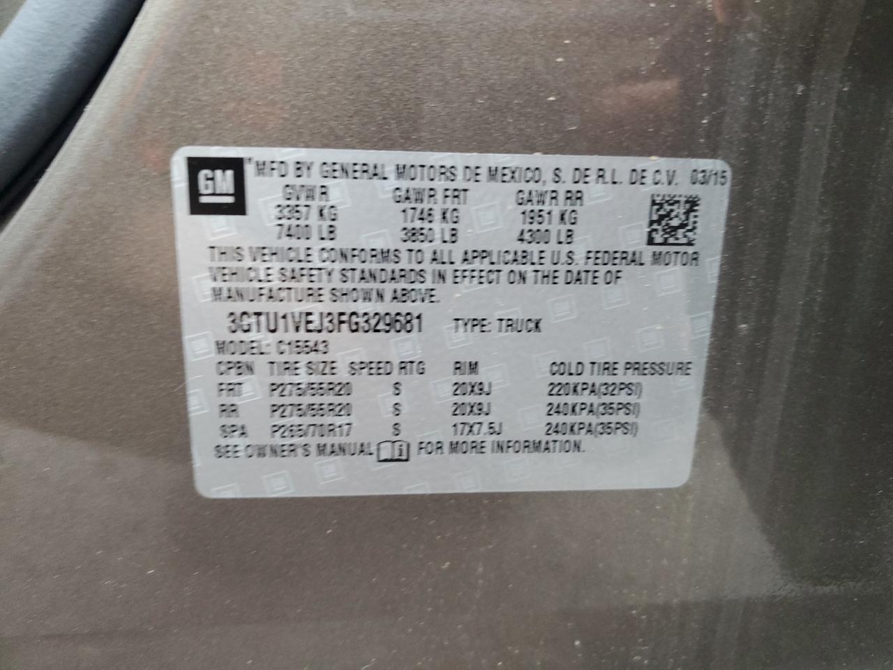 2015 GMC Sierra C1500 Slt VIN: 3GTU1VEJ3FG329681 Lot: 82416085