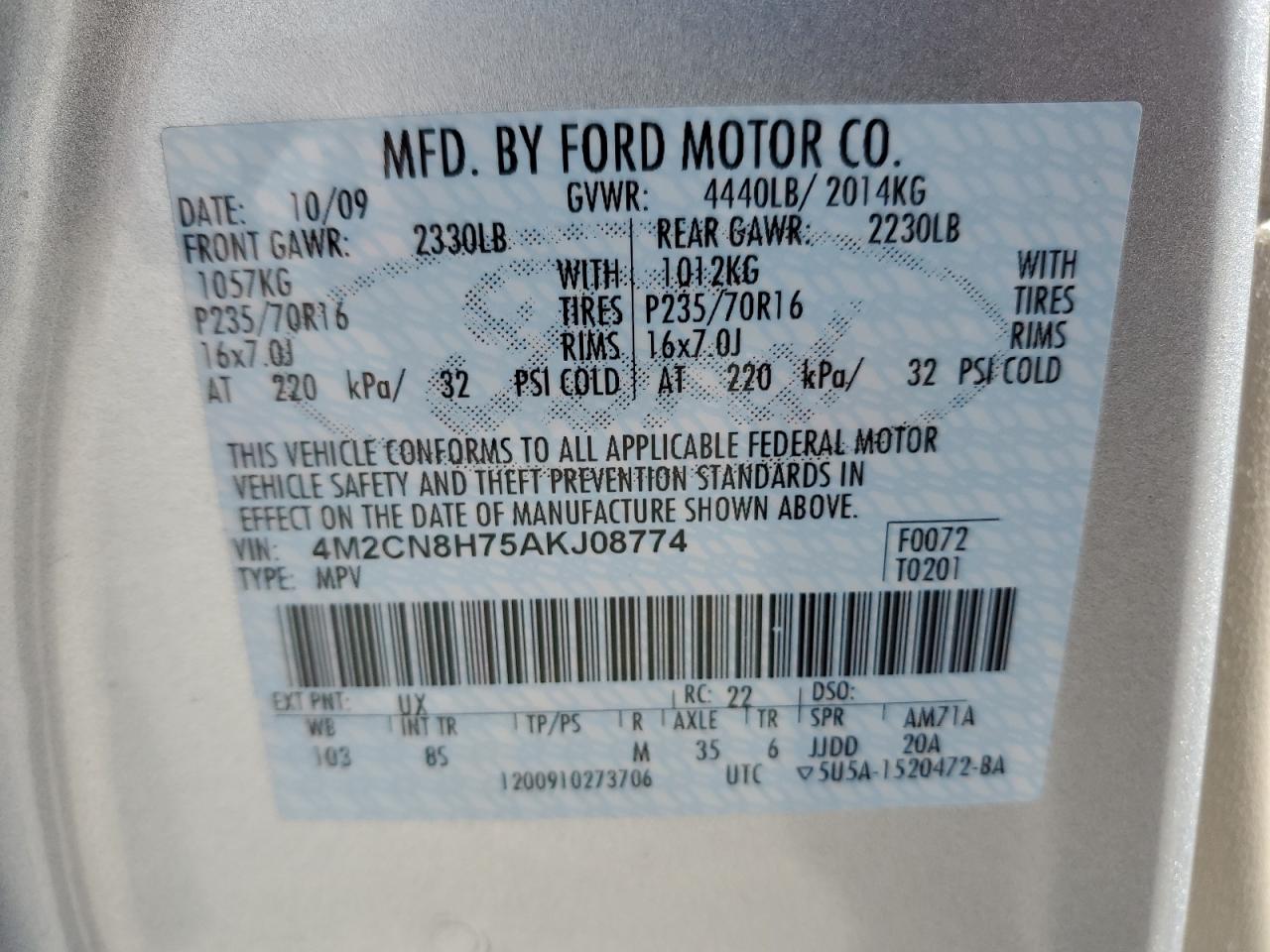 2010 Mercury Mariner Premier VIN: 4M2CN8H75AKJ08774 Lot: 85919945