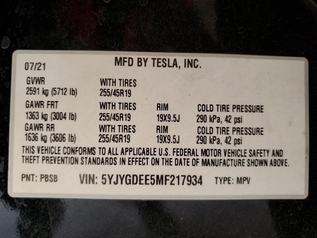 2021 Tesla Model Y VIN: 5YJYGDEE5MF217934 Lot: 90653715