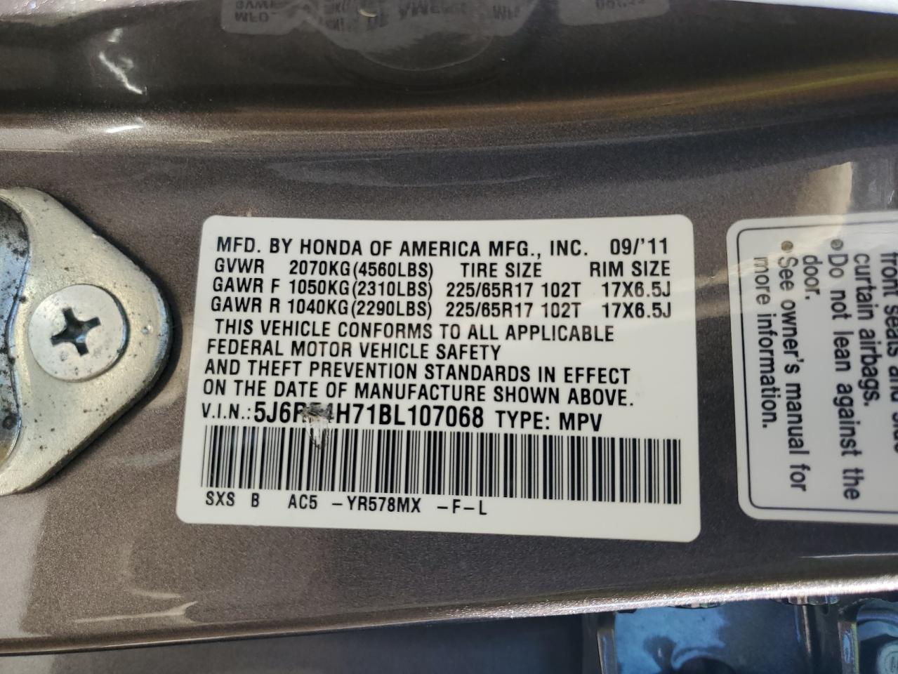 2011 Honda Cr-V Exl VIN: 5J6RE4H71BL107068 Lot: 85754135