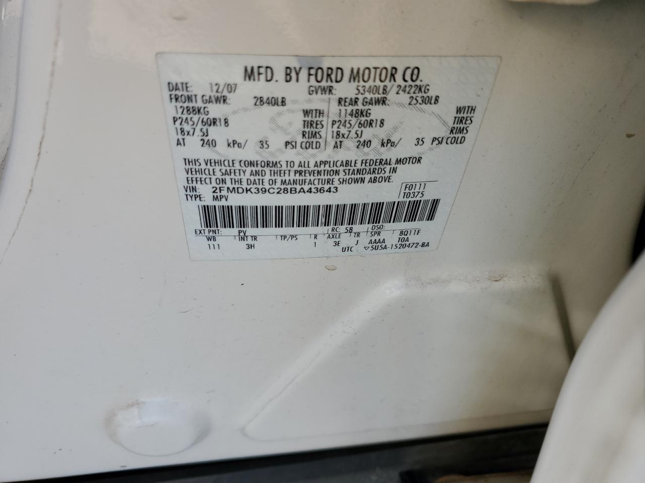 2008 Ford Edge Limited VIN: 2FMDK39C28BA43643 Lot: 84803815