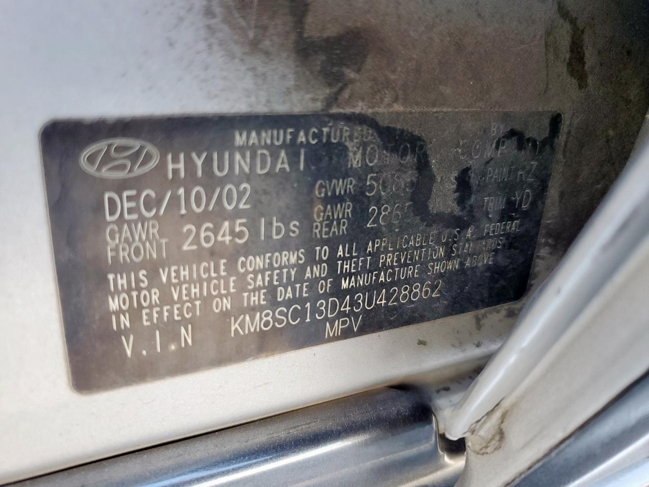 2003 Hyundai Santa Fe VIN: KM8SC13D43U428862 Lot: 82392645