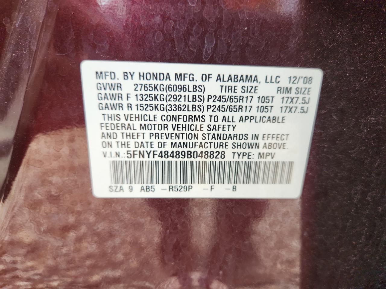 2009 Honda Pilot Ex VIN: 5FNYF48489B048828 Lot: 85385975
