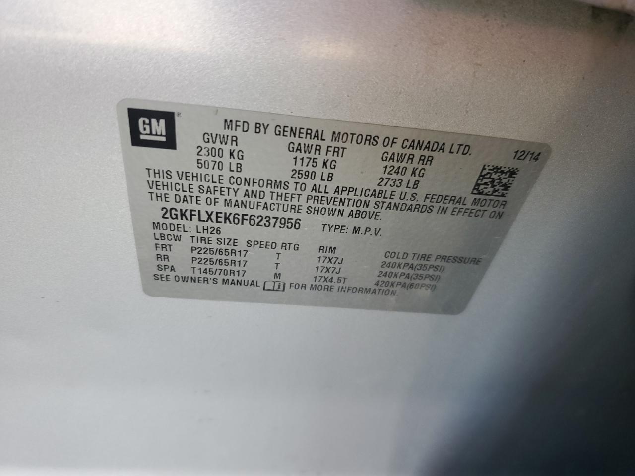 2015 GMC Terrain Slt VIN: 2GKFLXEK6F6237956 Lot: 90712255