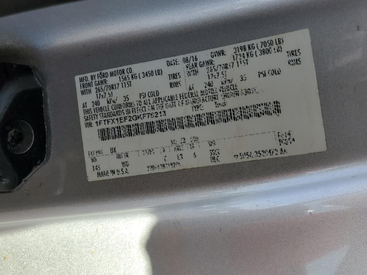 2016 Ford F150 Super Cab VIN: 1FTFX1EF2GKF76213 Lot: 90107345