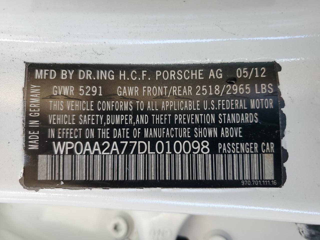 2013 Porsche Panamera 2 VIN: WP0AA2A77DL010098 Lot: 86166225