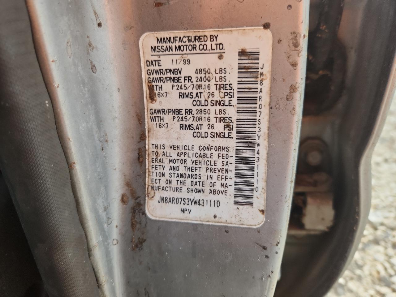 2000 Nissan Pathfinder Le VIN: JN8AR07S3YW431110 Lot: 85773735