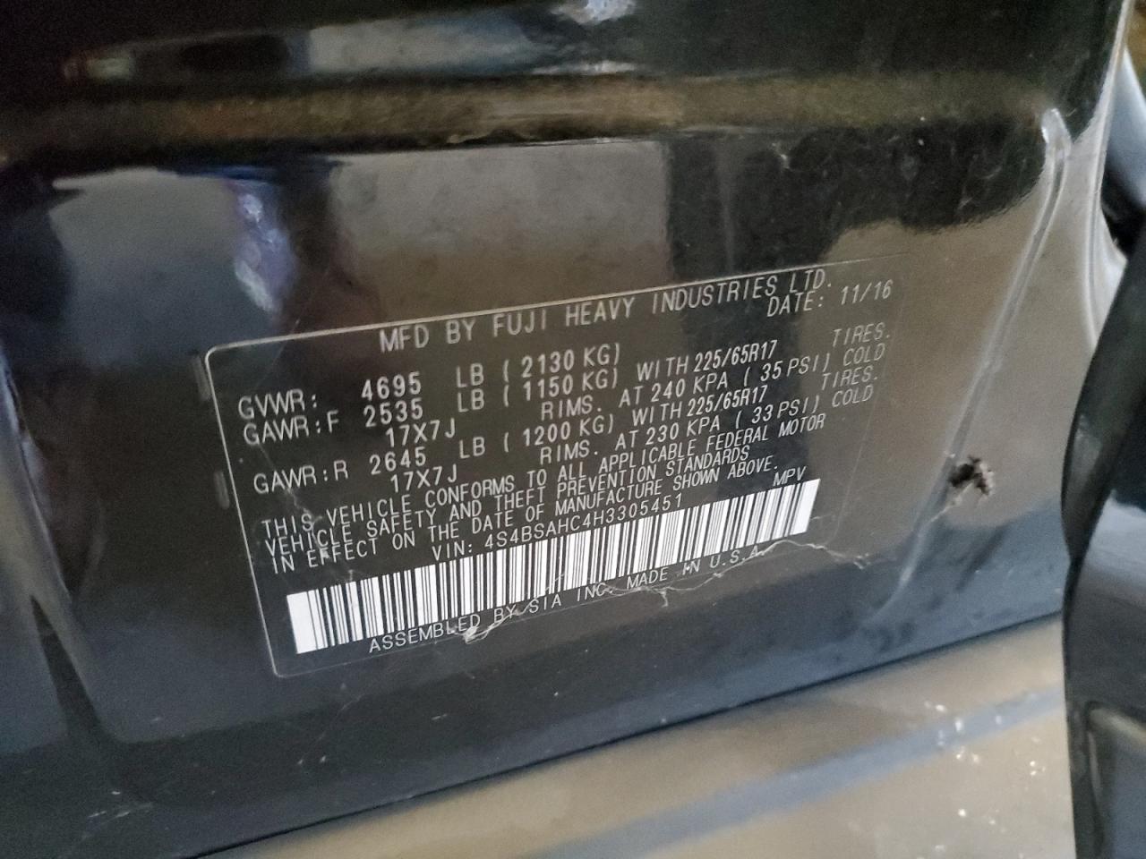 2017 Subaru Outback 2.5I Premium VIN: 4S4BSAHC4H3305451 Lot: 81950815