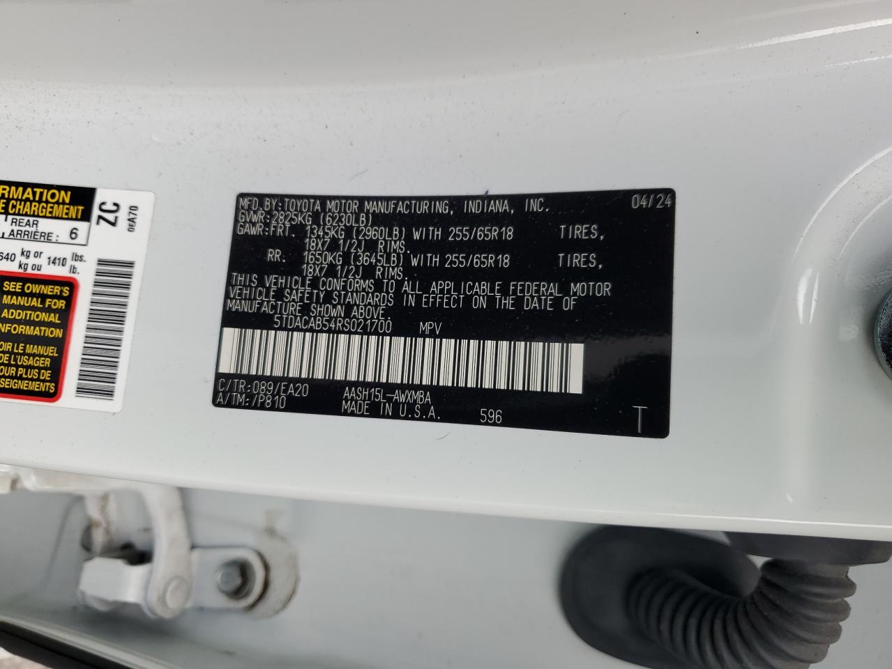 2024 Toyota Grand Highlander Xle VIN: 5TDACAB54RS021700 Lot: 86113205