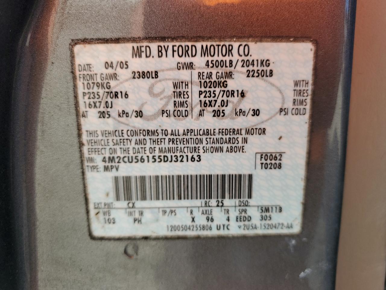 2005 Mercury Mariner VIN: 4M2CU56155DJ32163 Lot: 82329855