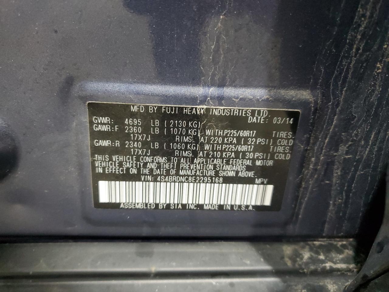 2014 Subaru Outback 3.6R Limited VIN: 4S4BRDNC8E2295168 Lot: 86300155