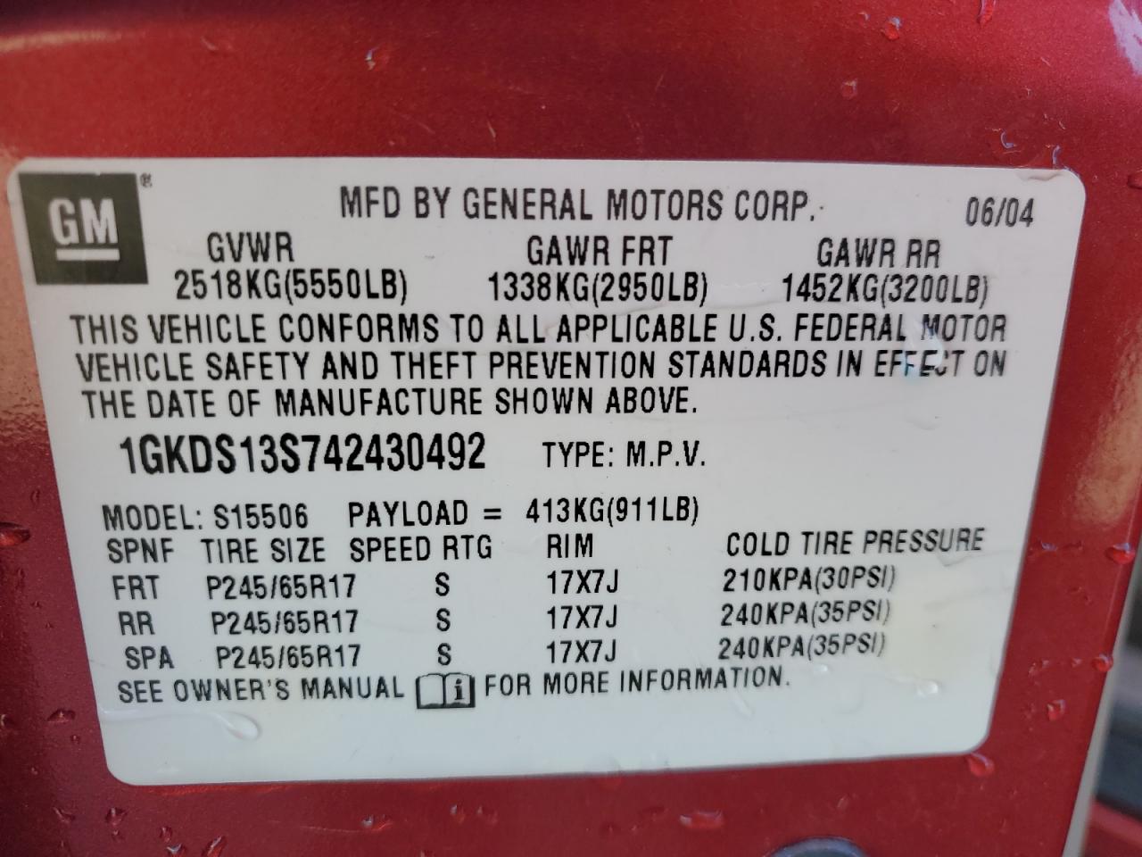 2004 GMC Envoy VIN: 1GKDS13S742430492 Lot: 86535035