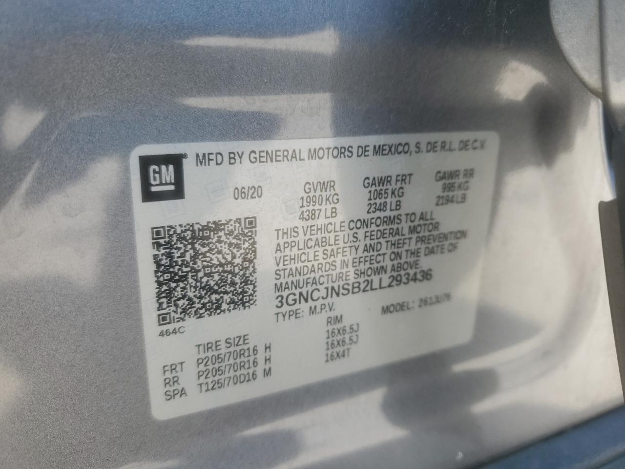 2020 Chevrolet Trax Ls VIN: 3GNCJNSB2LL293436 Lot: 86475465