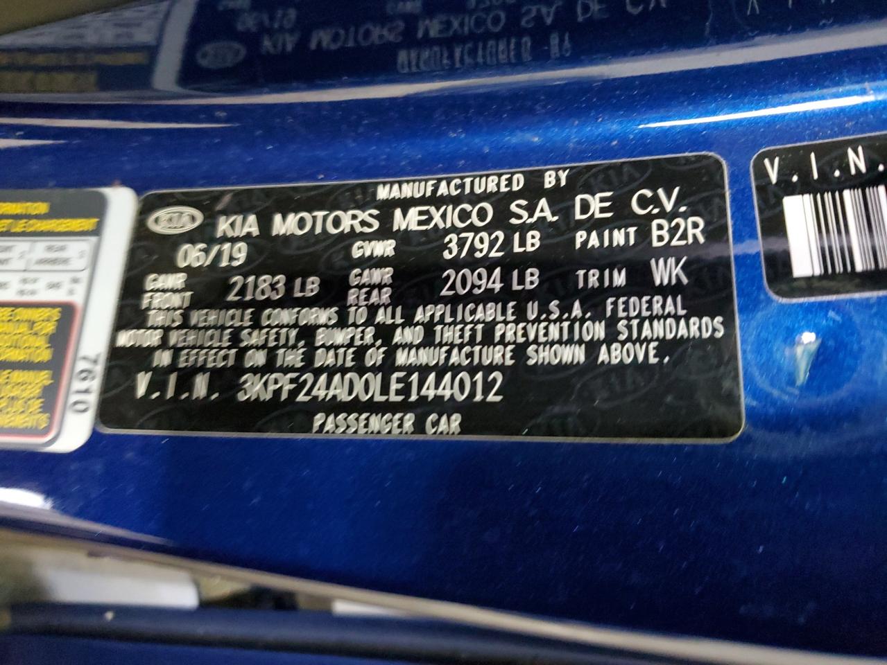 2020 Kia Forte Fe VIN: 3KPF24AD0LE144012 Lot: 67022515